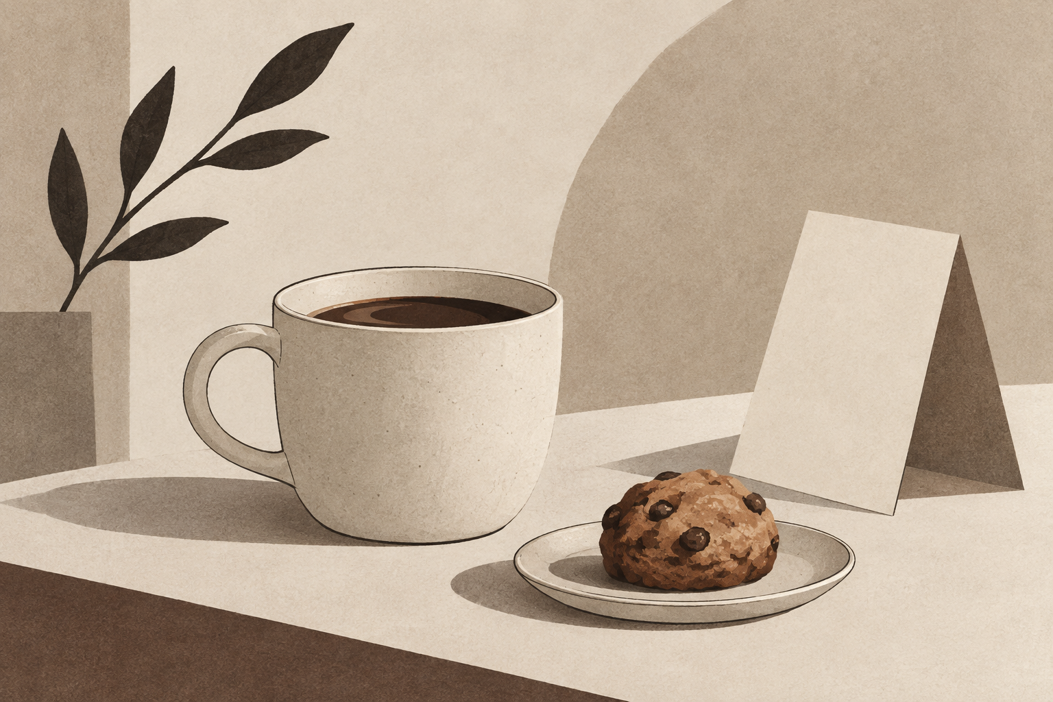 Editorial illustration of a ceramic cup, a small baked accent, and folded paper in a calm warm-greige corner